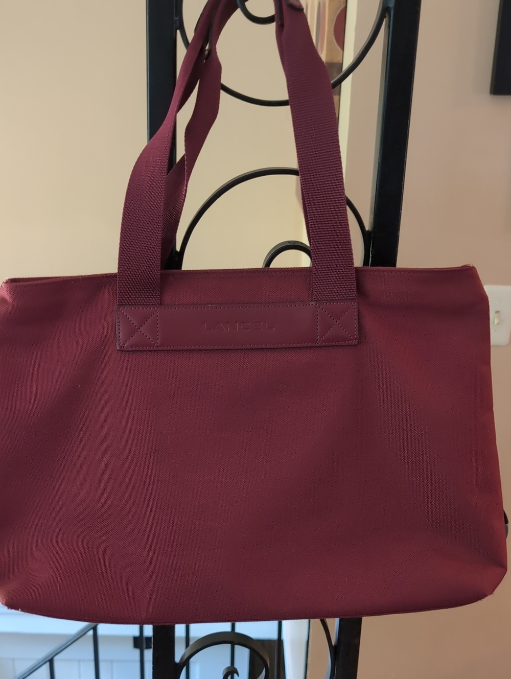 Lancel Paris Burgundy Canvas Tote Bag With Leather Trim